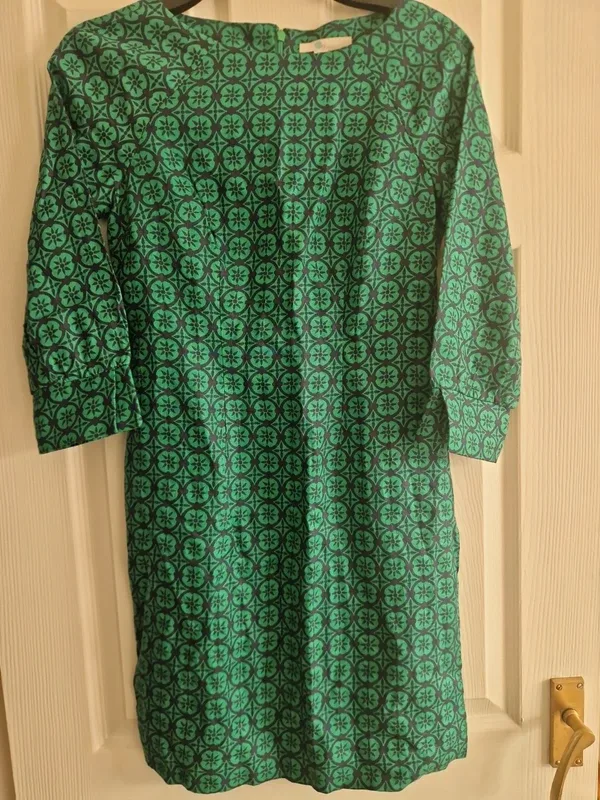 Green Patterned Dress Three-Quarter Sleeve Boden 100% Linen